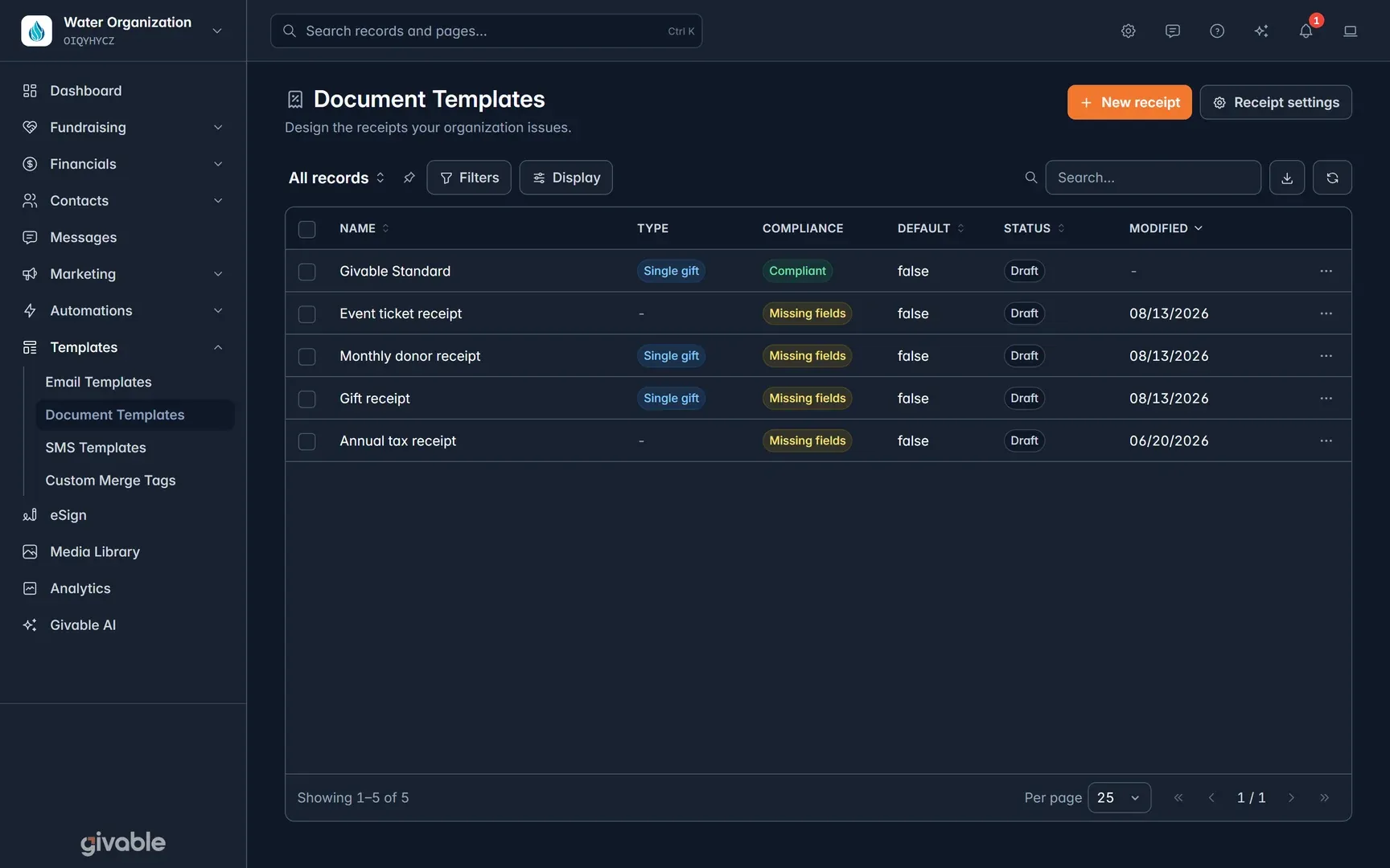 Receipt templates with a compliance check on each