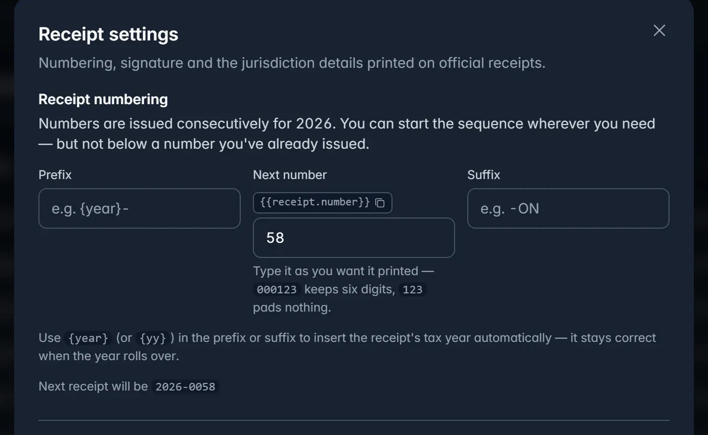 Receipt numbering settings with prefix, next number, and suffix