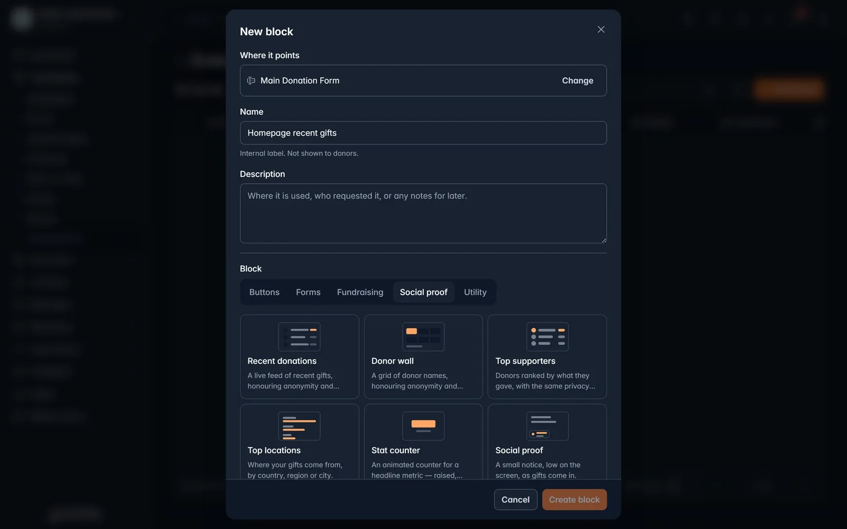 New block dialog with social proof blocks: recent donations, donor wall, top supporters