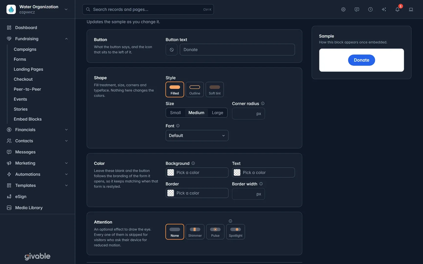 Block appearance settings with a live sample