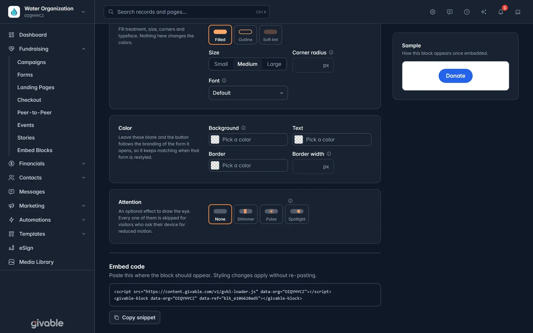 Embed code for a donate button block