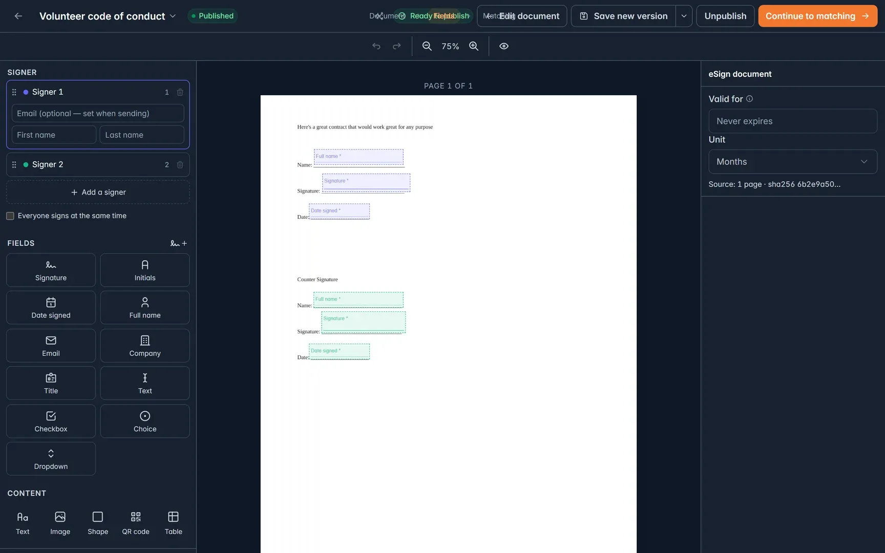 eSign template editor with signer fields