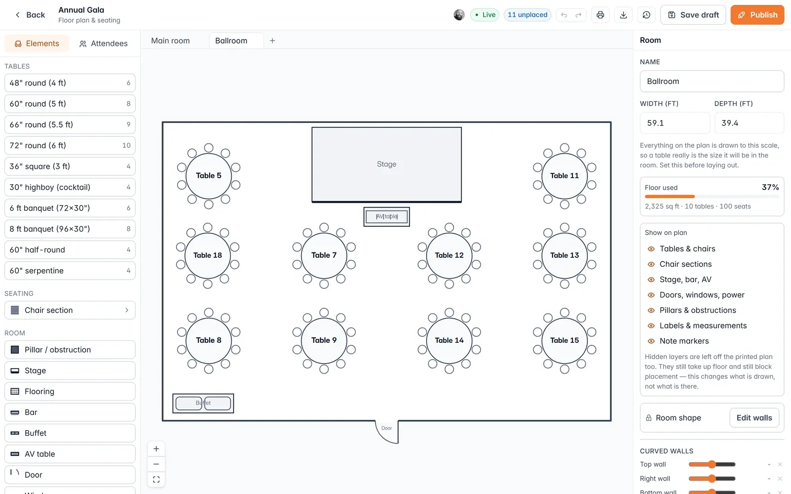 The Givable floor plan builder: tables, a chair section, and a stage arranged in the main room