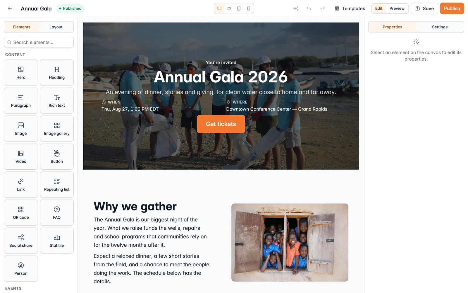 The Givable page builder: an element palette beside the Annual Gala 2026 event page, with Edit, Preview, and Publish
