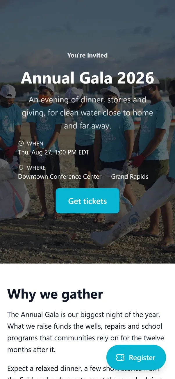 The same event page on a phone