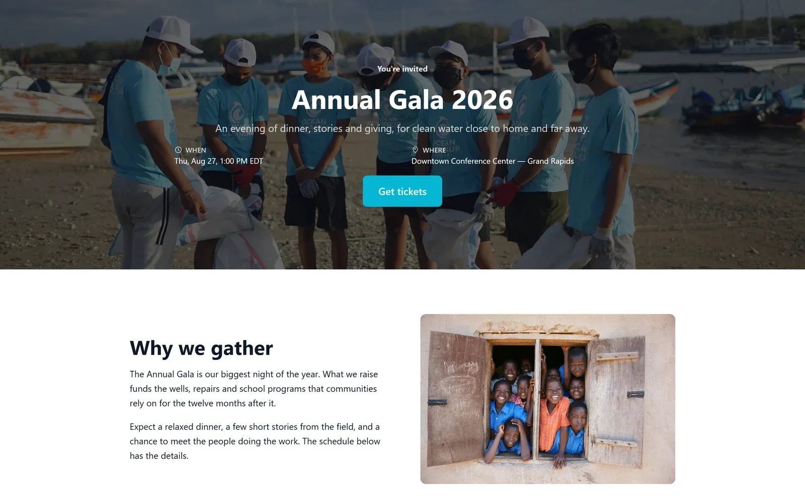 A public event page made in Givable: Annual Gala 2026, with a photo hero, the date and venue, and a Get tickets button