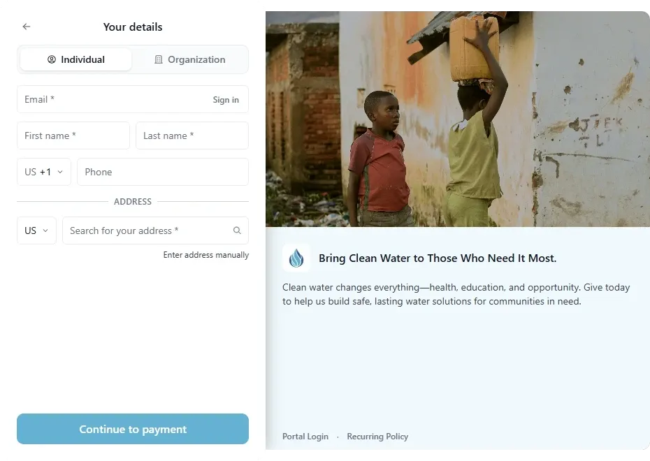 The giving form details step: individual or organization, email with sign in, name, phone, and address