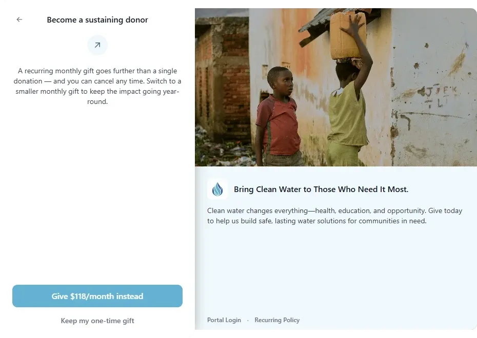 The giving form upsell step: Become a sustaining donor, with a monthly gift suggested instead