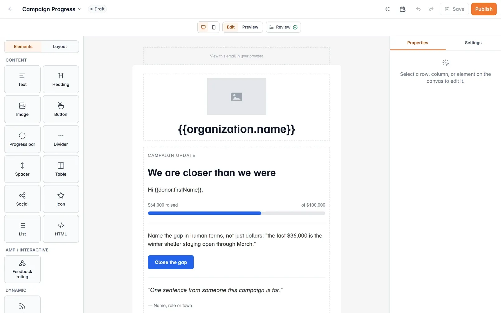 The Givable email builder: an element palette beside a campaign update email with a progress bar and a button