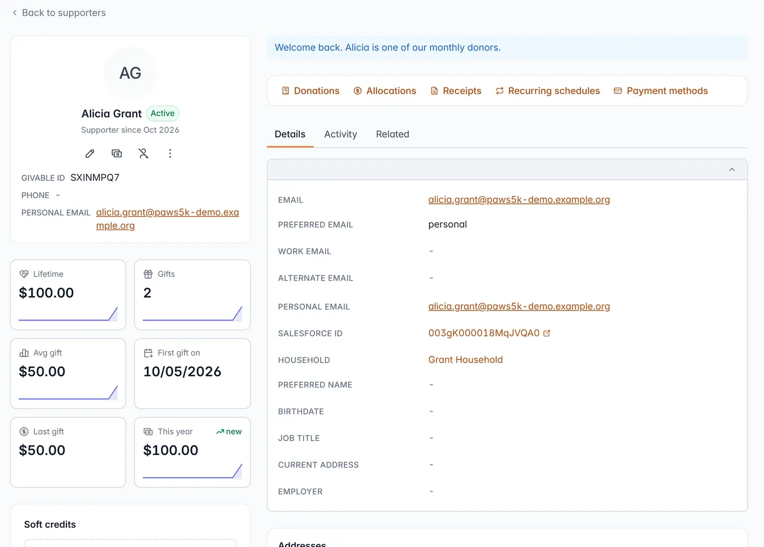 A supporter record in Givable: lifetime giving, gifts, average and last gift, with donations, receipts, recurring schedules, and payment methods