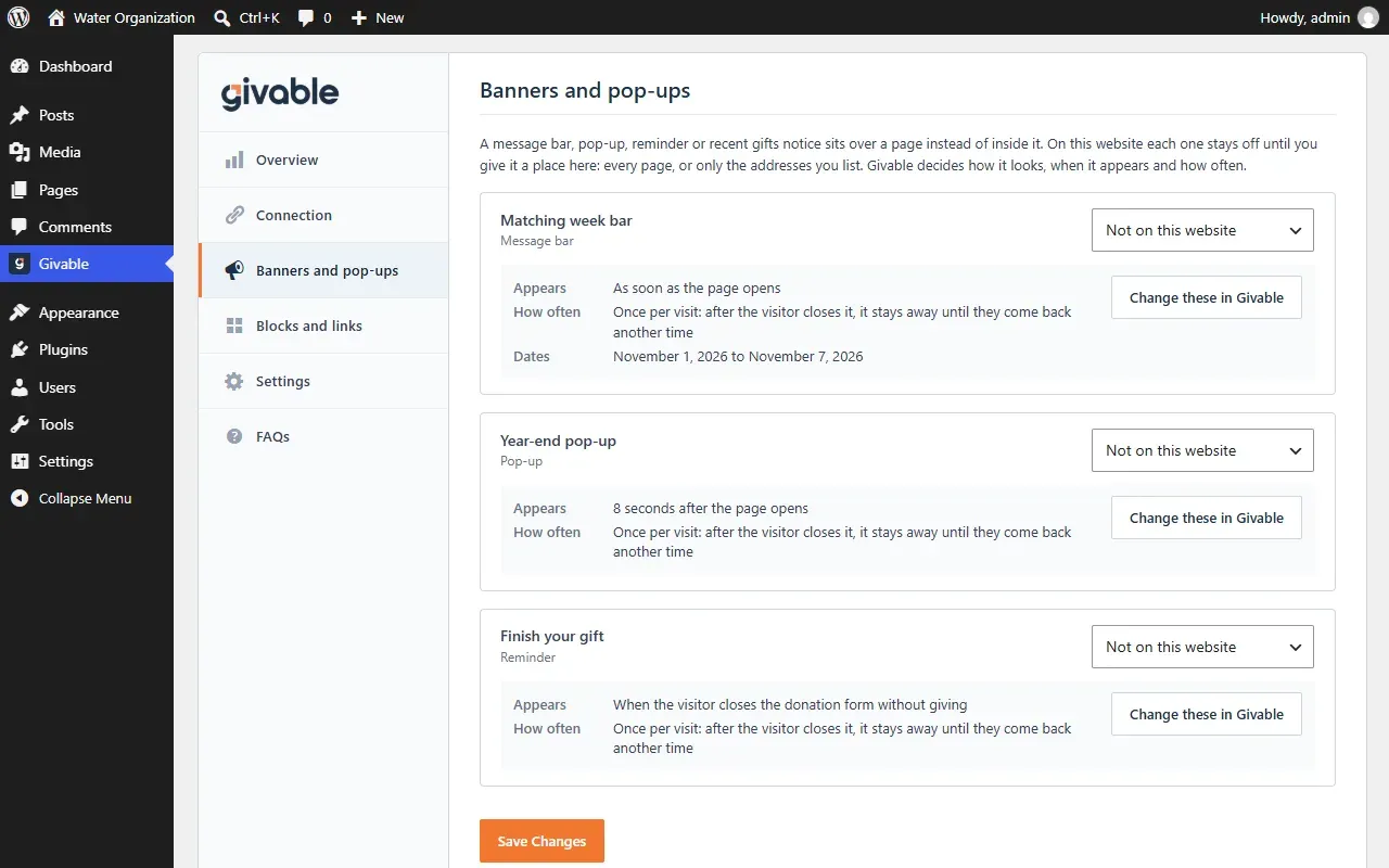 The Banners and pop-ups page in the WordPress dashboard