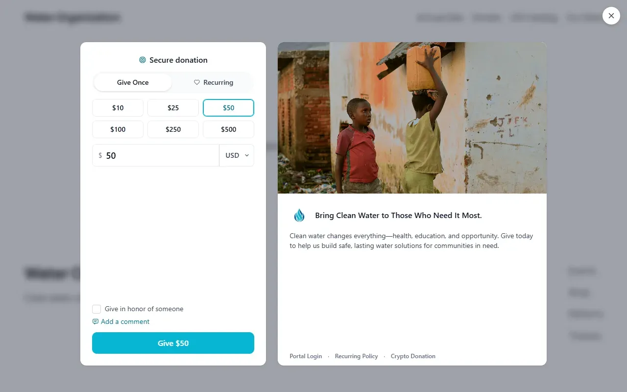 A Givable giving form opened over a WordPress page