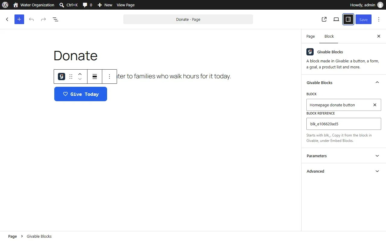 Givable Blocks in the WordPress block editor