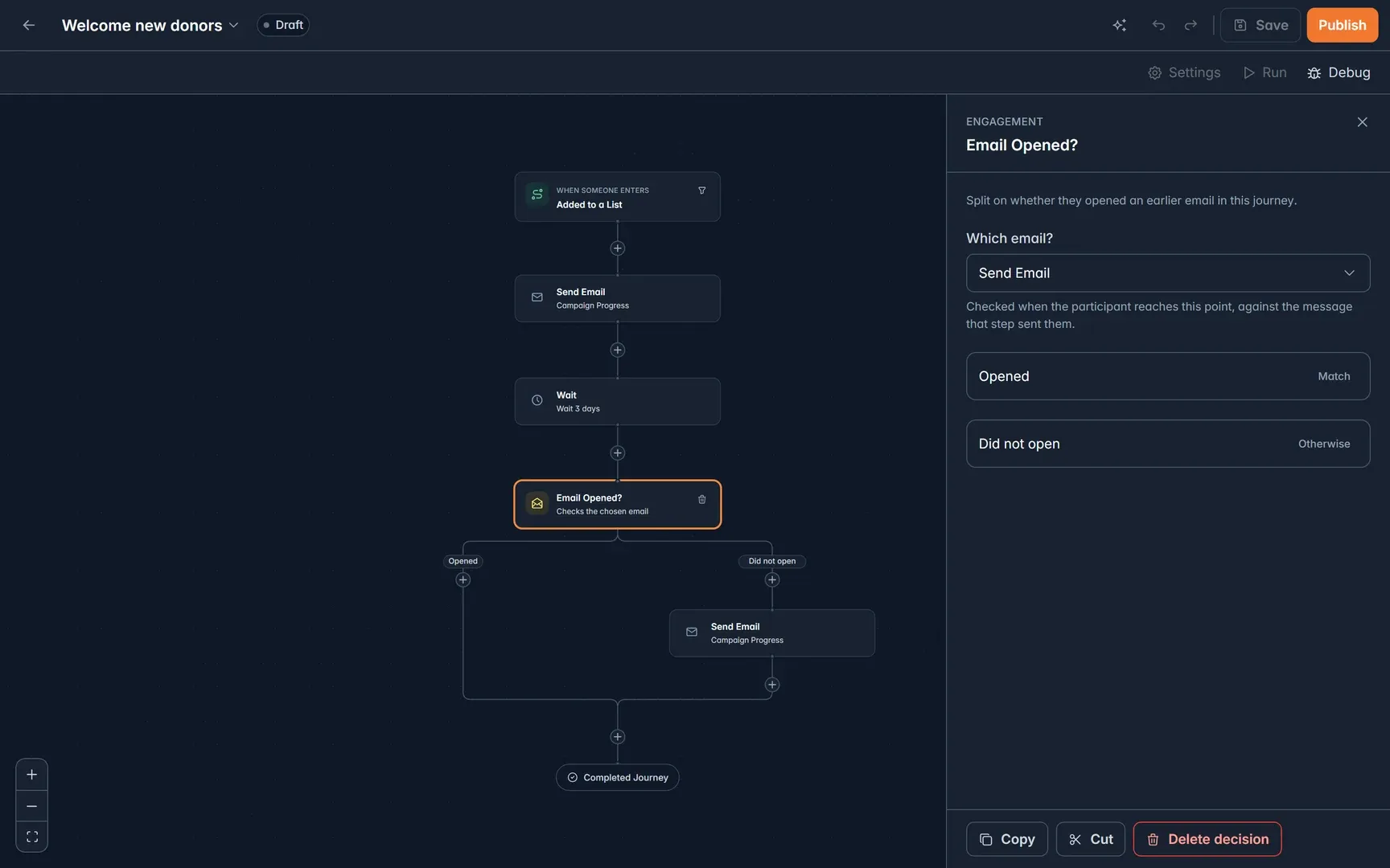 Journey builder branching on whether an email was opened