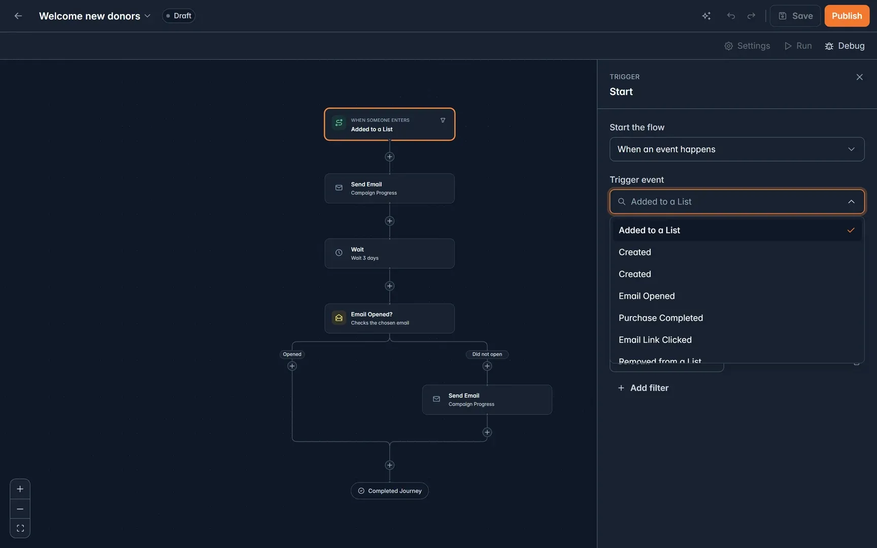 Journey trigger settings with the list of trigger events