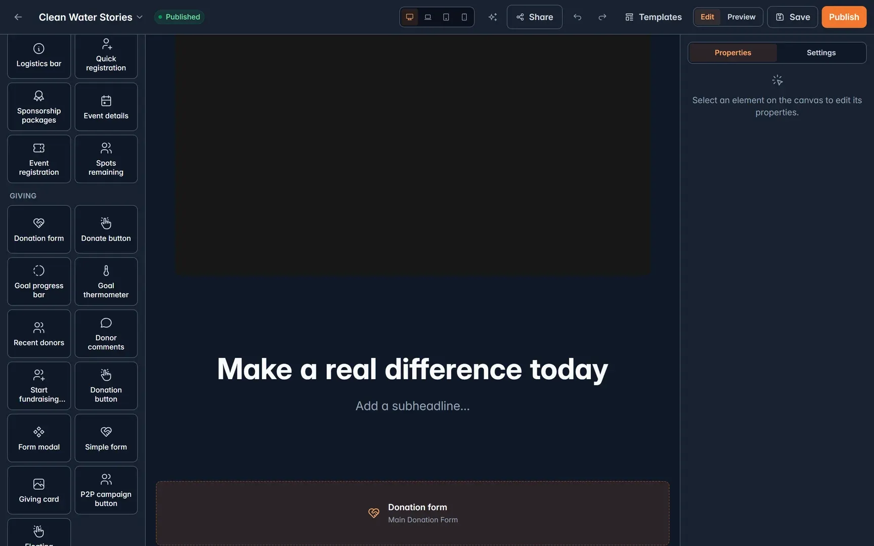 Page builder with giving blocks and a donation form on the page