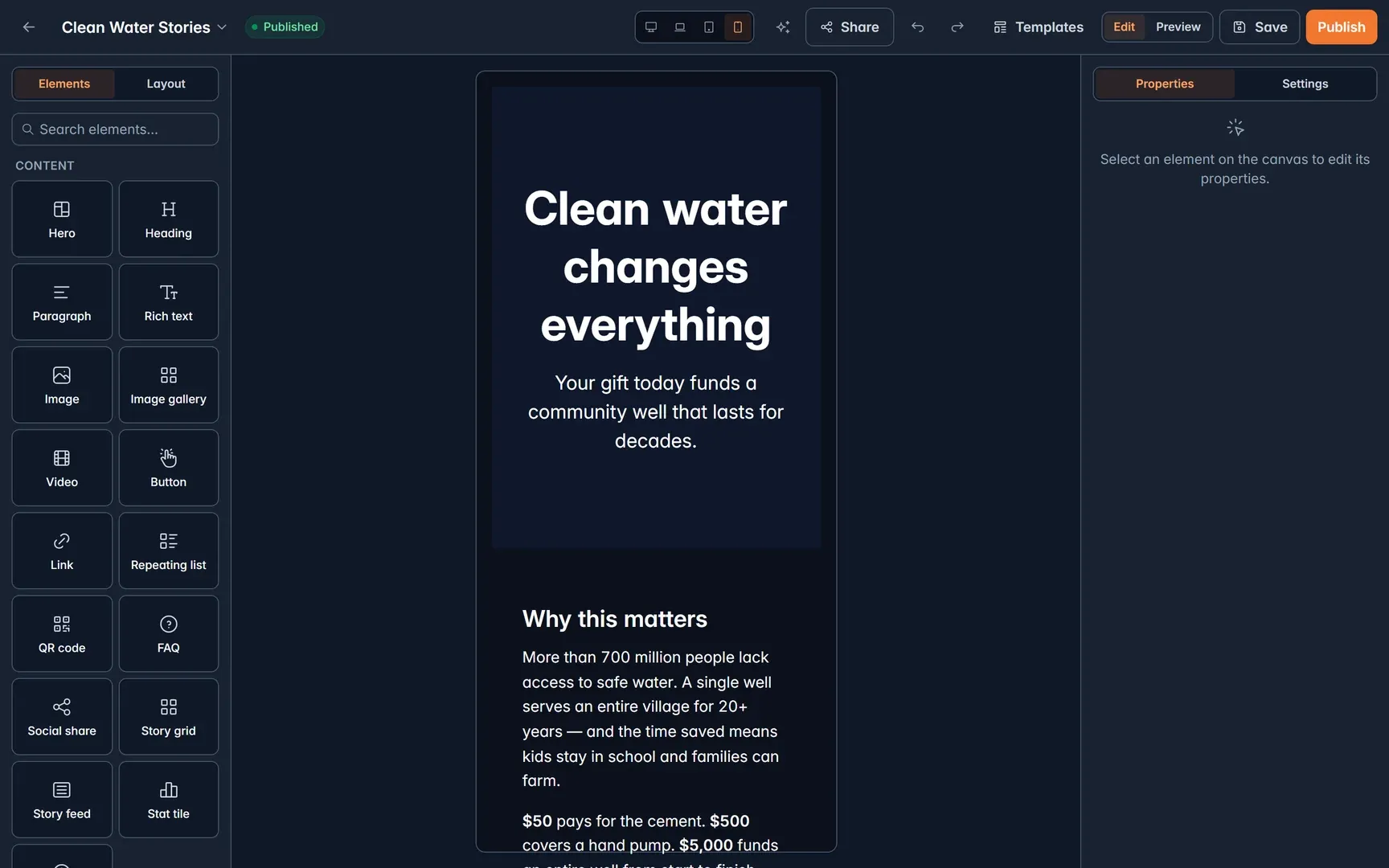 Landing page builder previewing a page on a phone