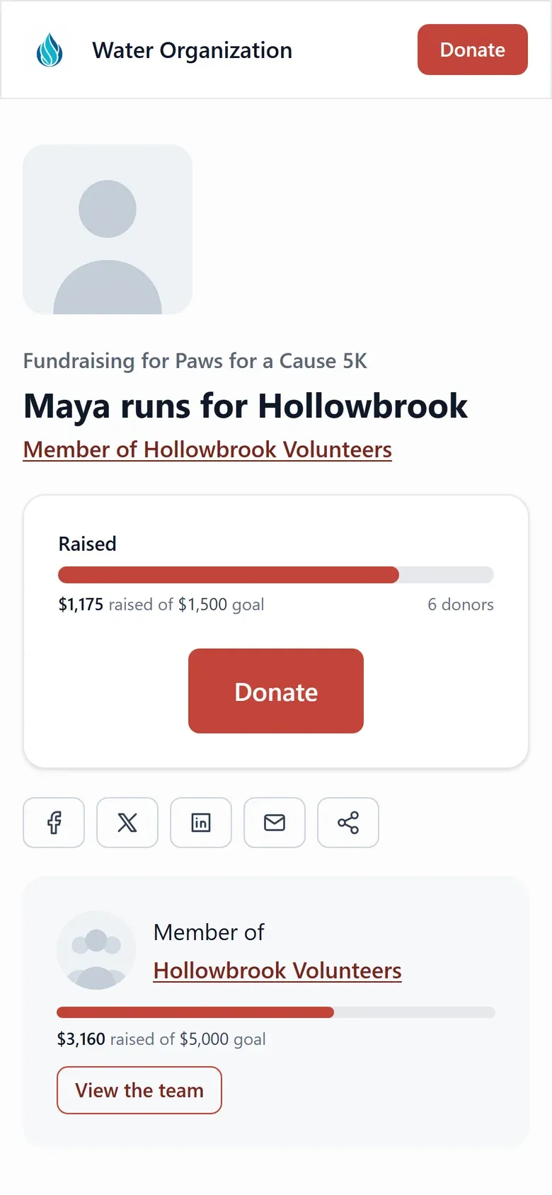 A fundraiser’s page on a phone: Maya runs for Hollowbrook, $1,175 raised of a $1,500 goal