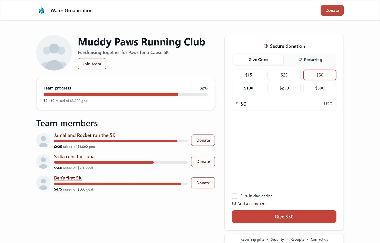 A public team page made in Givable: Muddy Paws Running Club, with team progress, three members and their goals, and a donation form