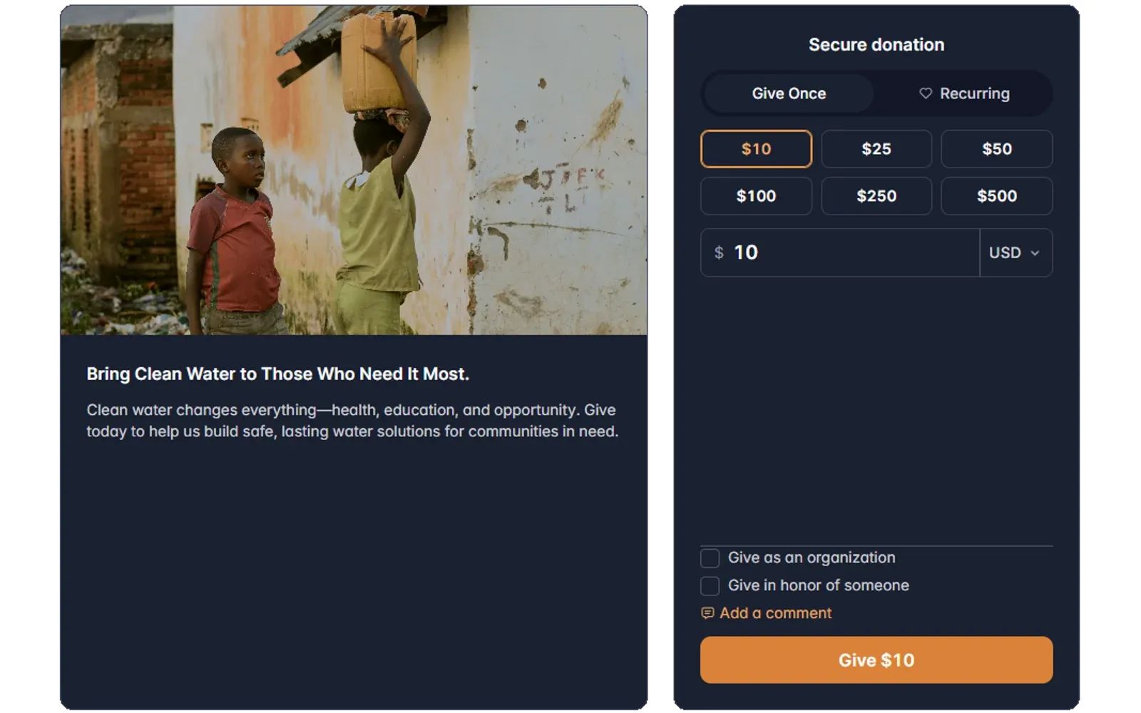 Donation form with a currency picker beside the amount