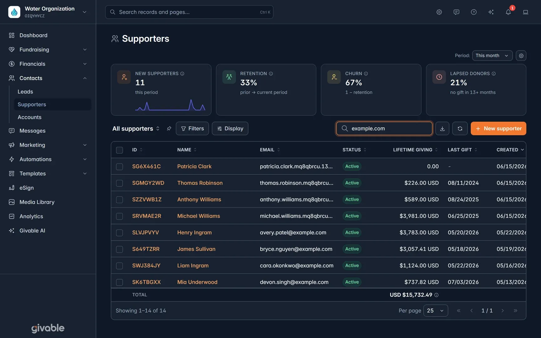 Supporters list with retention, churn, and lifetime giving