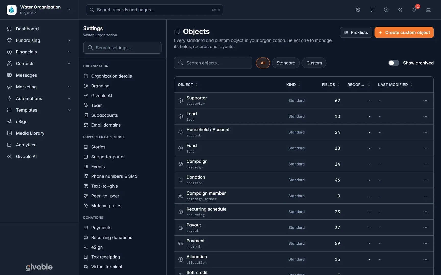 Objects settings with standard and custom objects