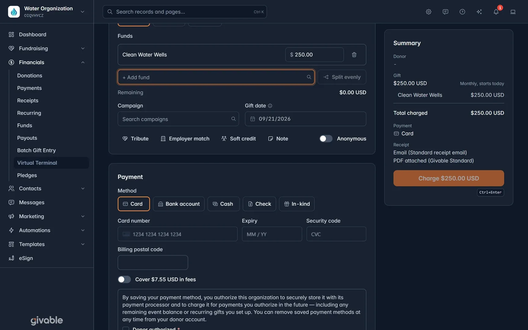 Virtual terminal payment step: card, bank account, cash, check, and in-kind