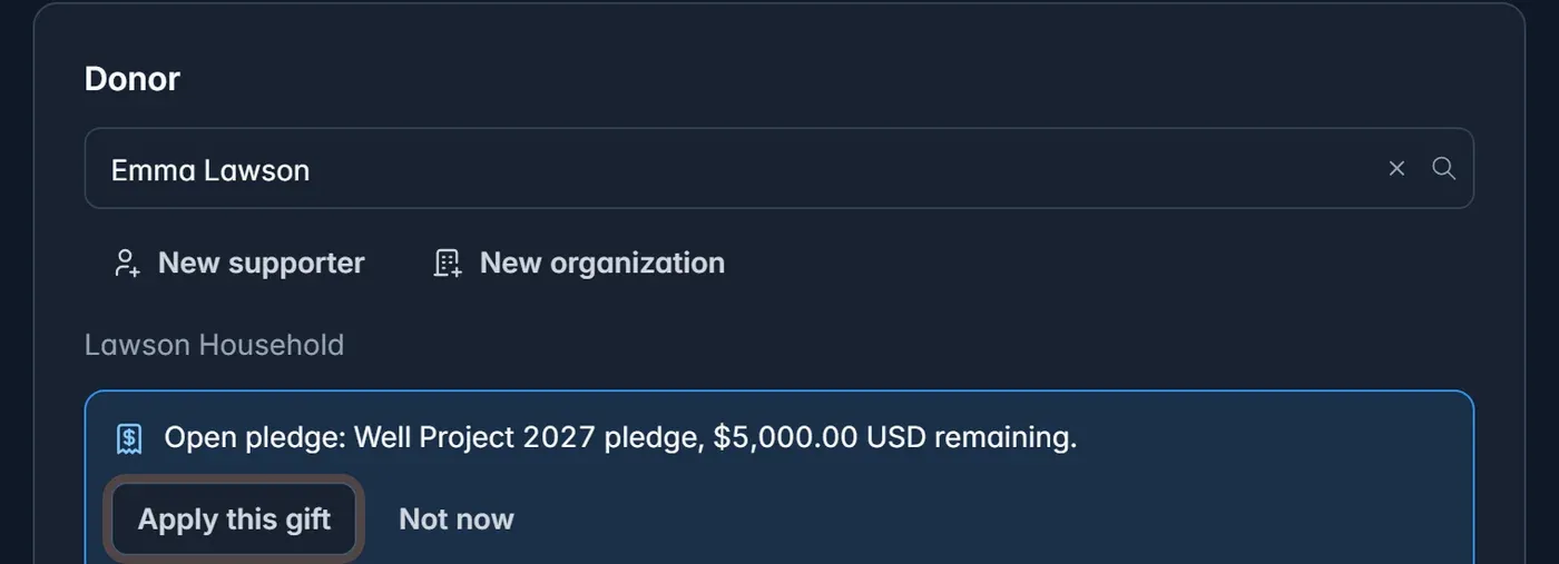 Virtual terminal offering to apply a gift to the donor’s open pledge