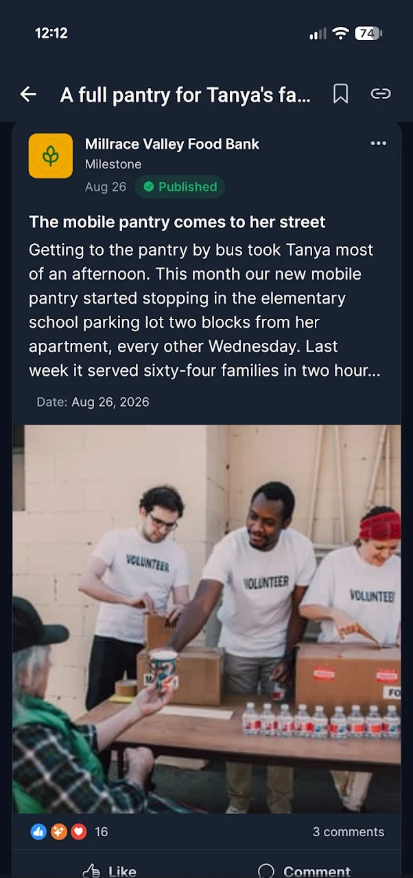 A food bank milestone post about a mobile pantry reaching a family, with a photo and comments