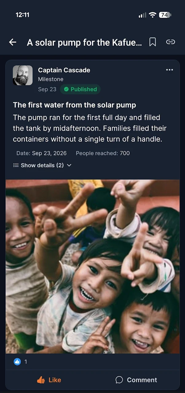A milestone post about the first water from a solar pump, with a photo and reactions